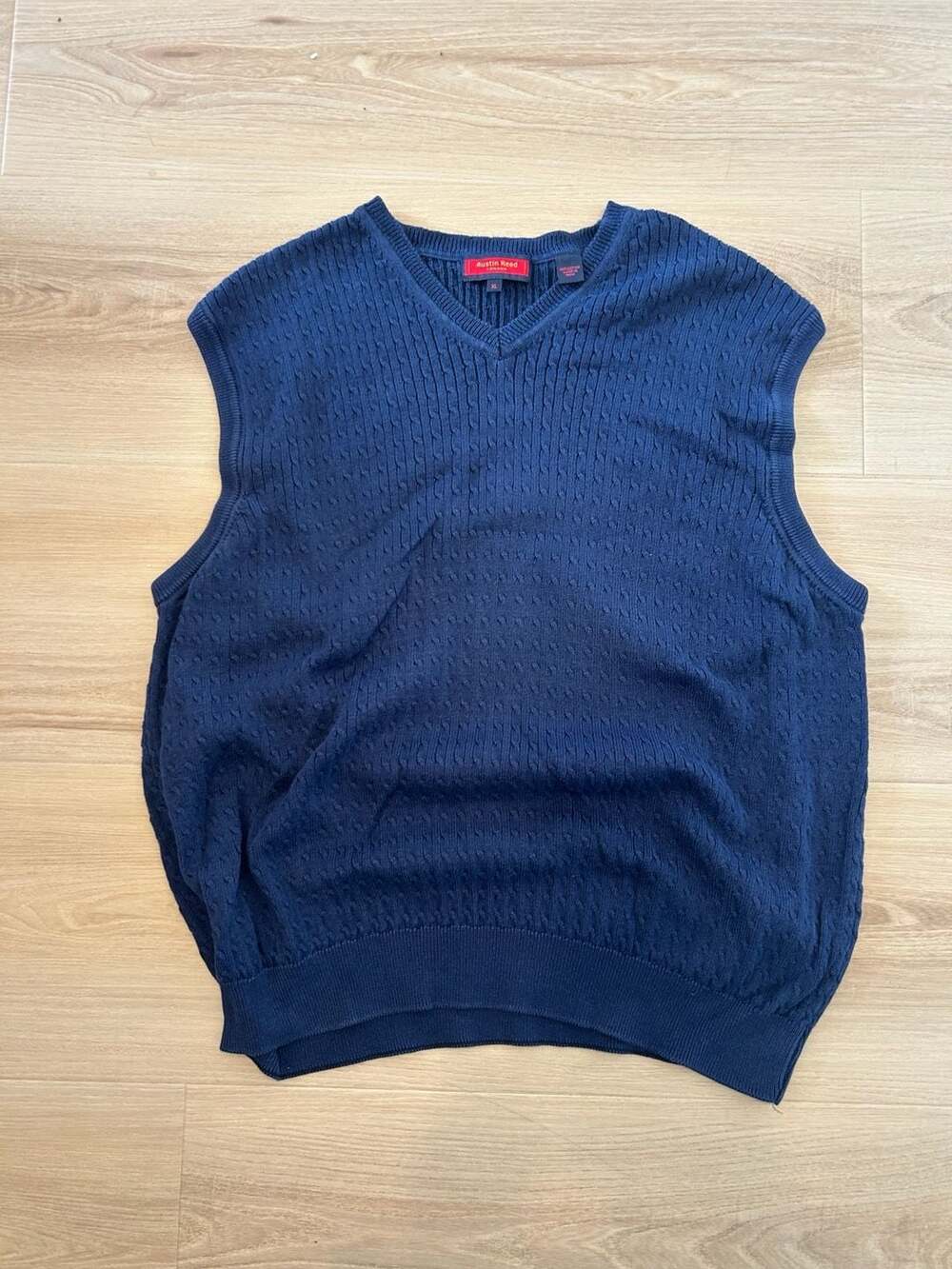 Austin Reed London Blue Cotton Cable Knit V-Neck Sweater Vest Size XL